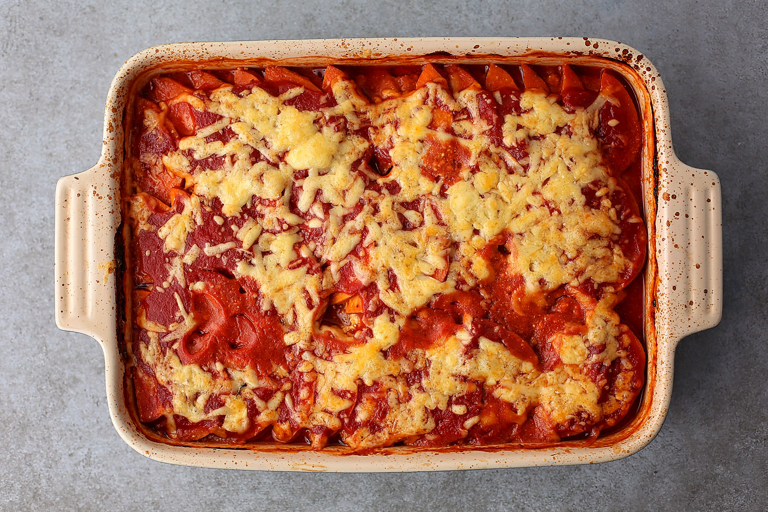 casserole dish filled with freshly baked sweet potato lasagna