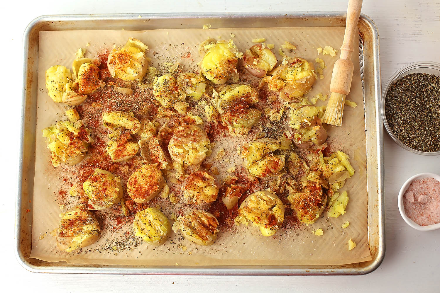 sheet pan with potatoes and spices