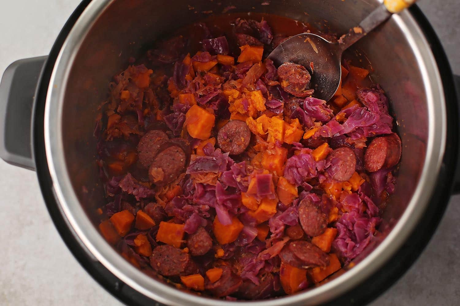 cooked cabbage and sausage inside the instant pot