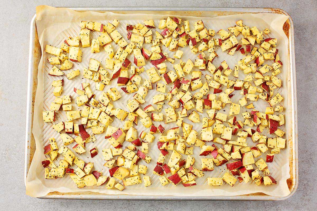 sheet pan with diced potatoes