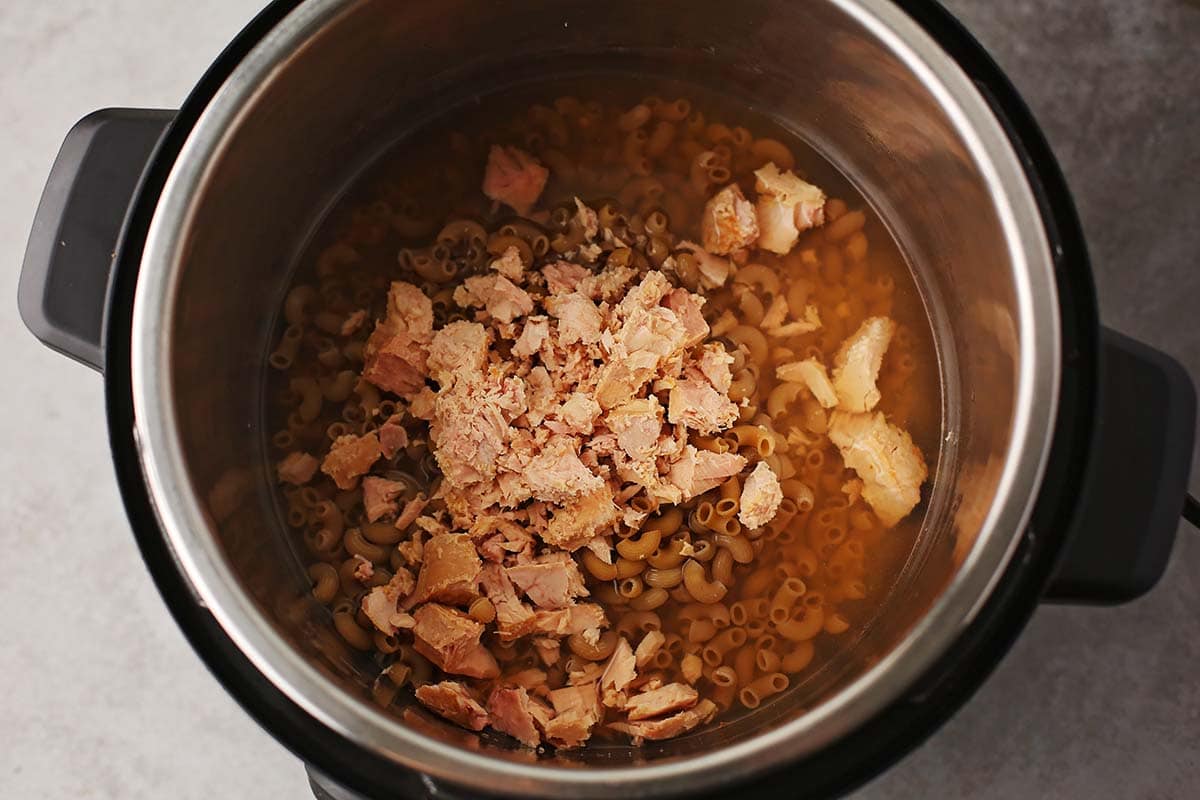 instant pot insert with canned tuna and broth inside
