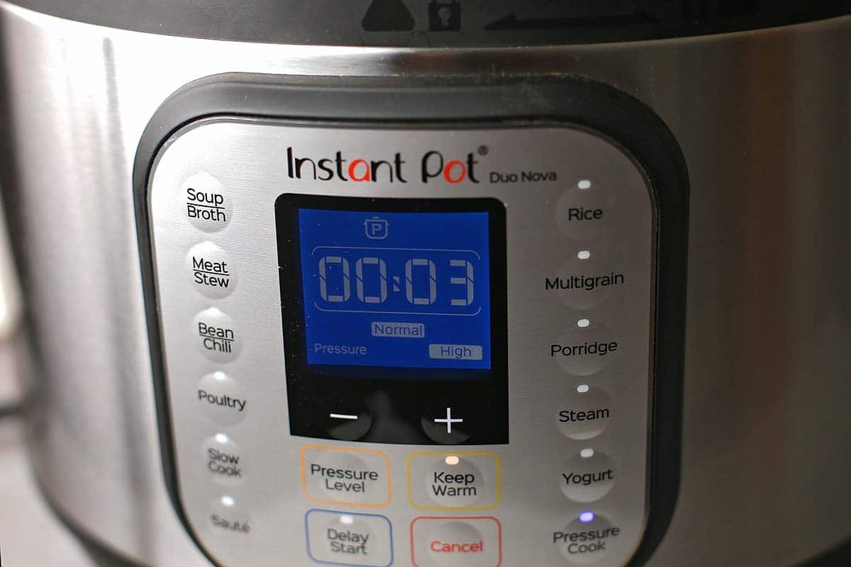 Instant Pot with setting set to 3 minutes on high pressure