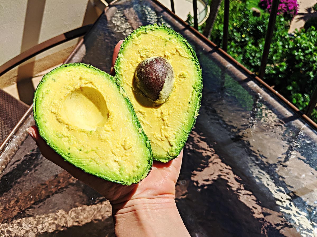 large sliced ripe avocado in the palm of the hand