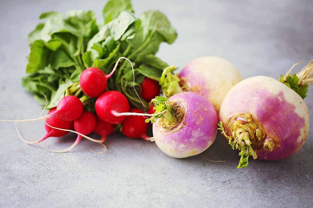 table top with radish and turnip