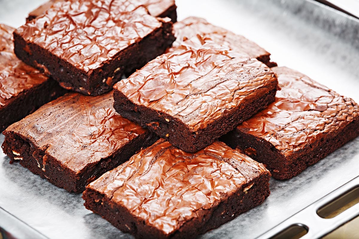 Baking pan with baked brownies.