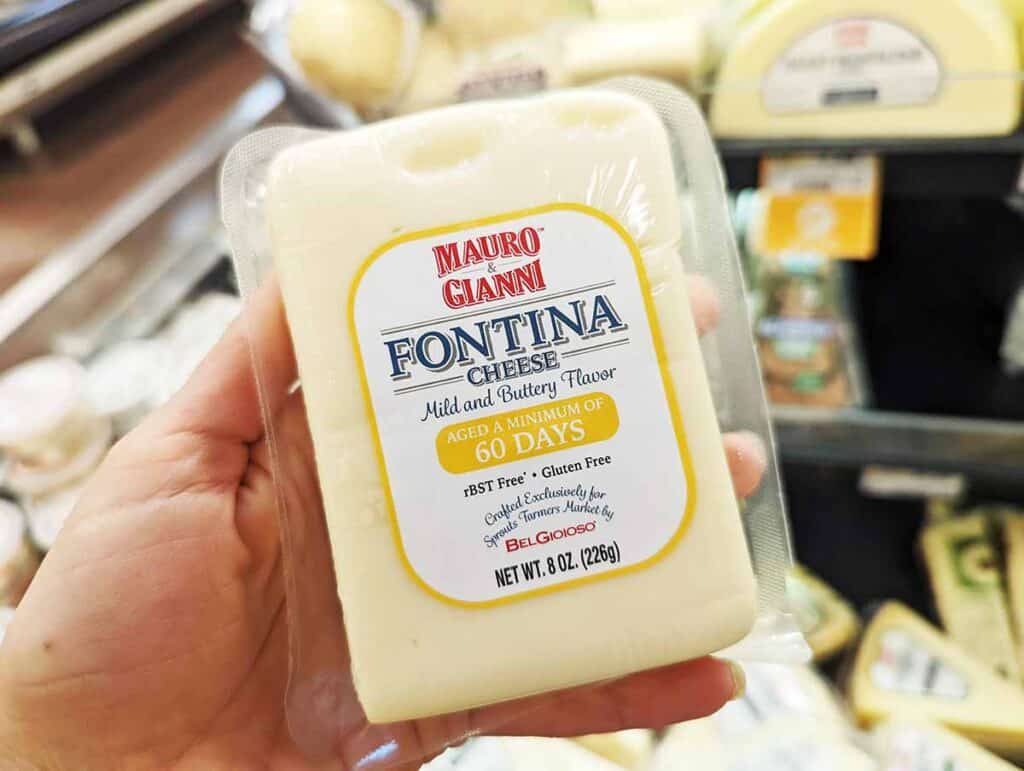 Hand holding package labeled Fontina cheese.