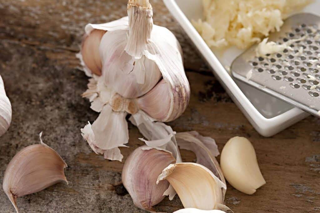 Cutting board with large clove of garlic getting peeled to make garlic confit. 