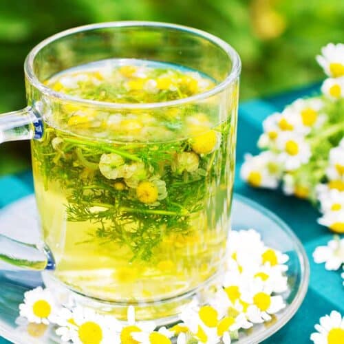 Glass cup filled with Chamomile tea and Chamomile flowers next to it.