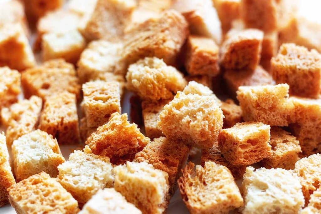 Close up shot of croutons for making gluten free bread crumbs. 