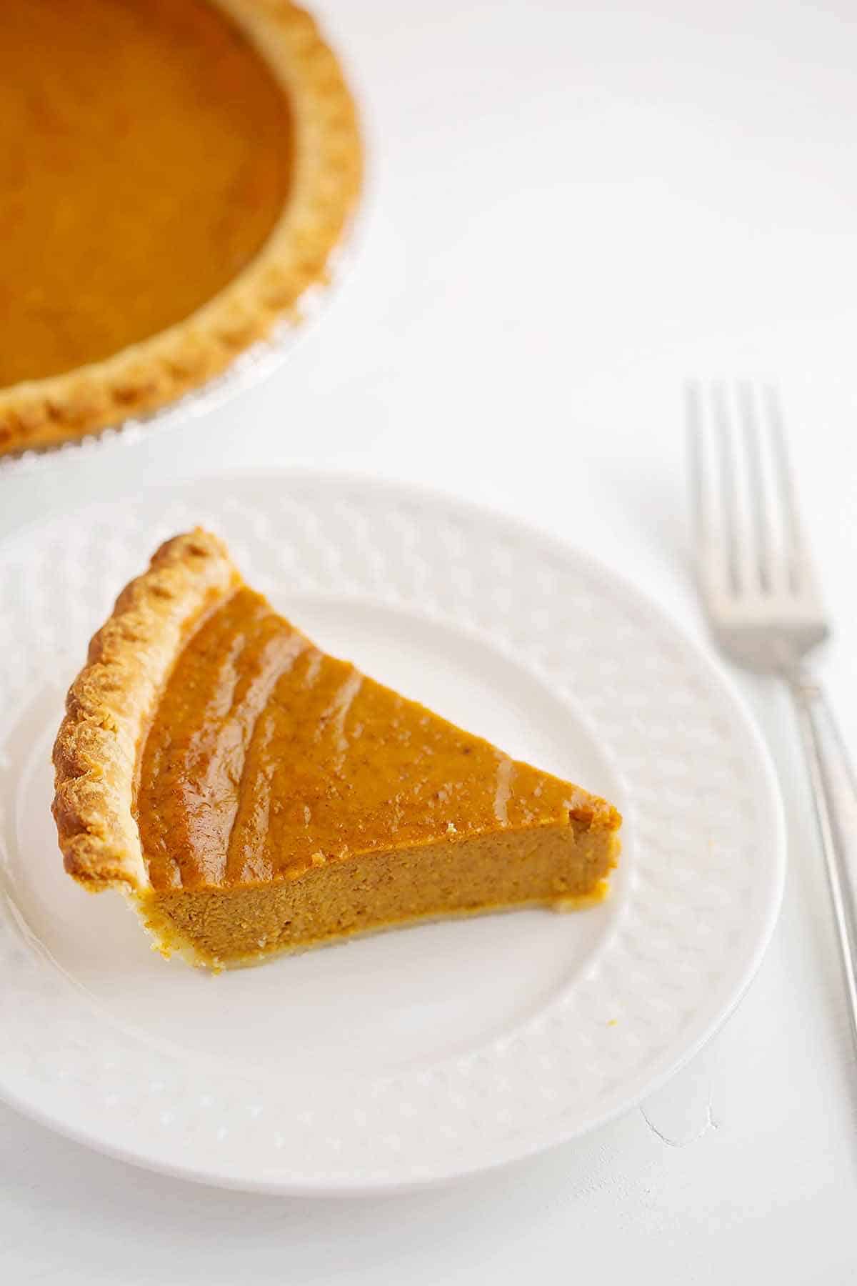 Plate with a slice of pumpkin pie. 