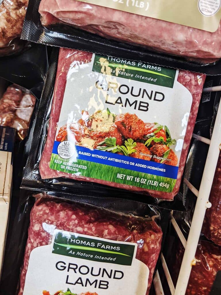 Packaged ground lamb at the grocery store. 