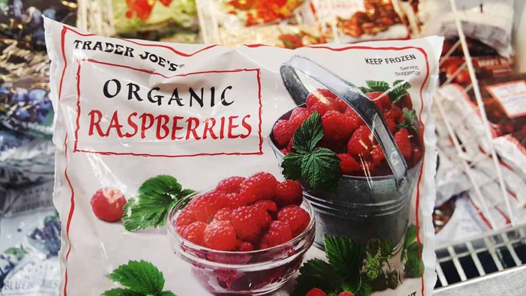 Bag with frozen raspberries. 