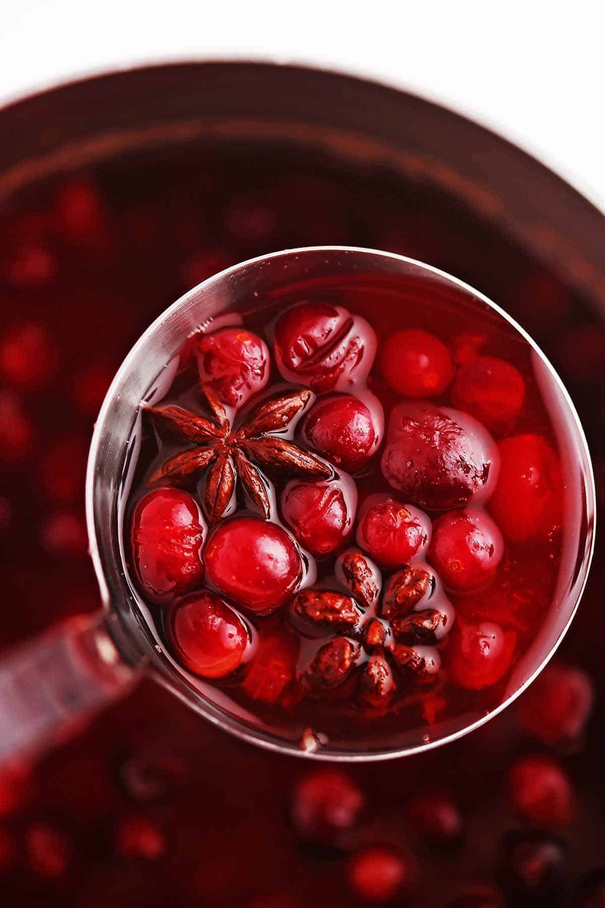 Close up image of spiced cranberry drink. 