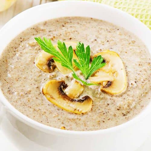 White bowl with cream of mushroom soup.