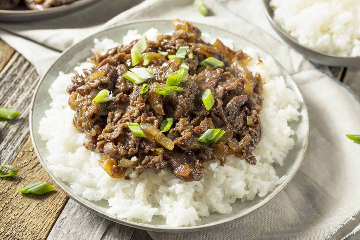 Plate with rice and Korean meat cooked with Bulgogi sauce 