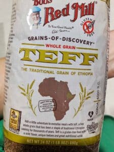 Close up image of the package with teff